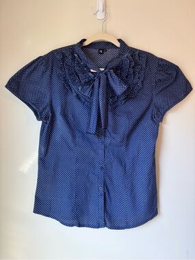 Vintage Polka Dot Tie-Neck Short Sleeve %100 cotton Blouse - Navy